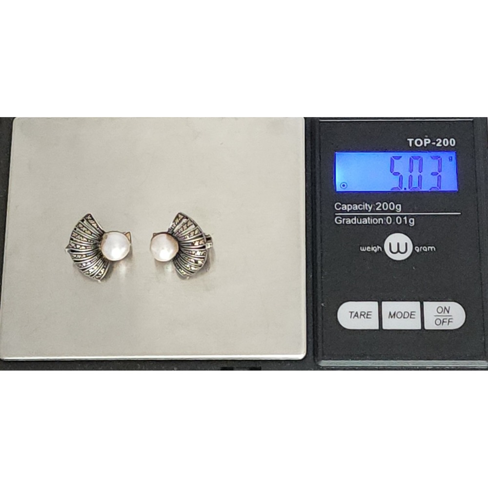 Signed TF Theodor Fahrner Clip on Earrings Pearl Marcasite Stone Fan 900 Silver - Picture 9 of 13